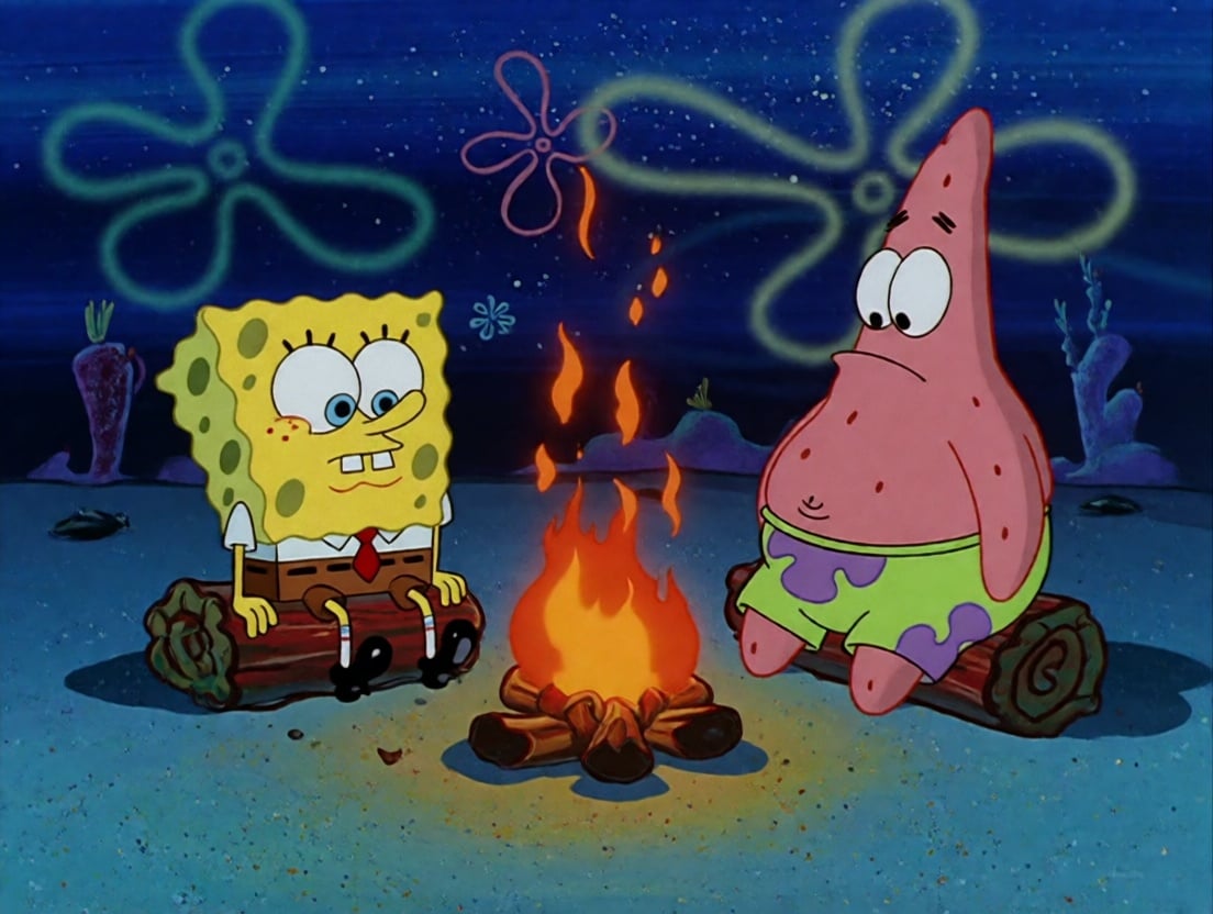 Spongebob and patrick are seated around a campfire. spooked expression on their faces. by RH16419 on Tensor.Art