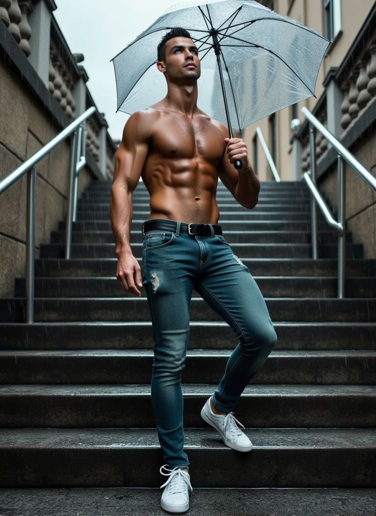 Cristiano Ronaldo ,  stands on a large stone staircase,  the rainwater cascading on the steps. He holds a transparent umbr...
