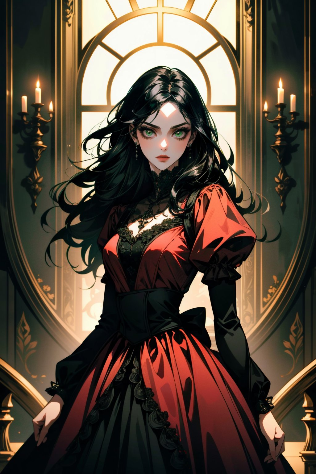 ((ultra detailed, masterpiece, best quality))<lora:AliceMadness:0.8>AliceMadness, 1girl, solo, long hair, black hair, green eyes, red dress, black lace, cowboy shot