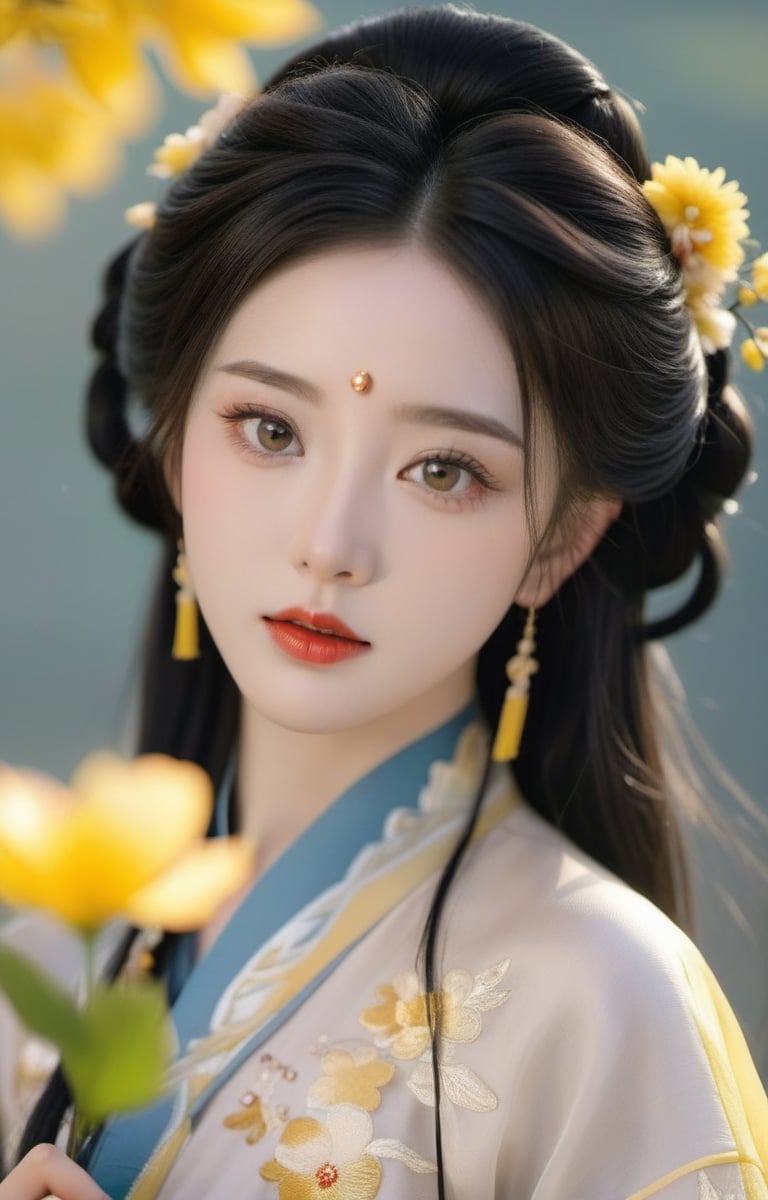 <lora:zxx-hanfu01-000024:0.7>，a woman dressed in a traditional Hanfu, She has a dark updo hairstyle adorned with a yellow flower accessory and a tassel, Her makeup is subtle, with emphasis on her eyes and lips, She wears a light-colored Hanfu with intricate embroidery and patterns, The fabric appears to be of high quality, with a sheen that suggests it might be silk or a similar material, 