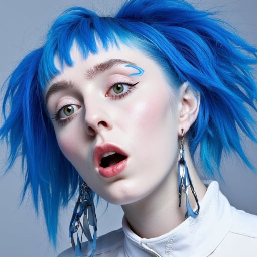 A woman with a white face and blue hair, perfect face, perfect eyes, beautiful woman