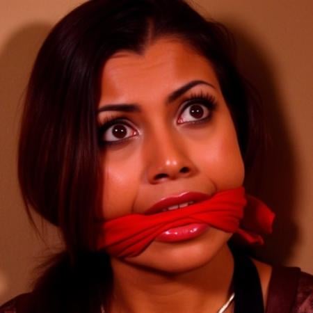 a realistic photography of a 20yo latina woman. she is gagged. red c1eavegag. she looks angry