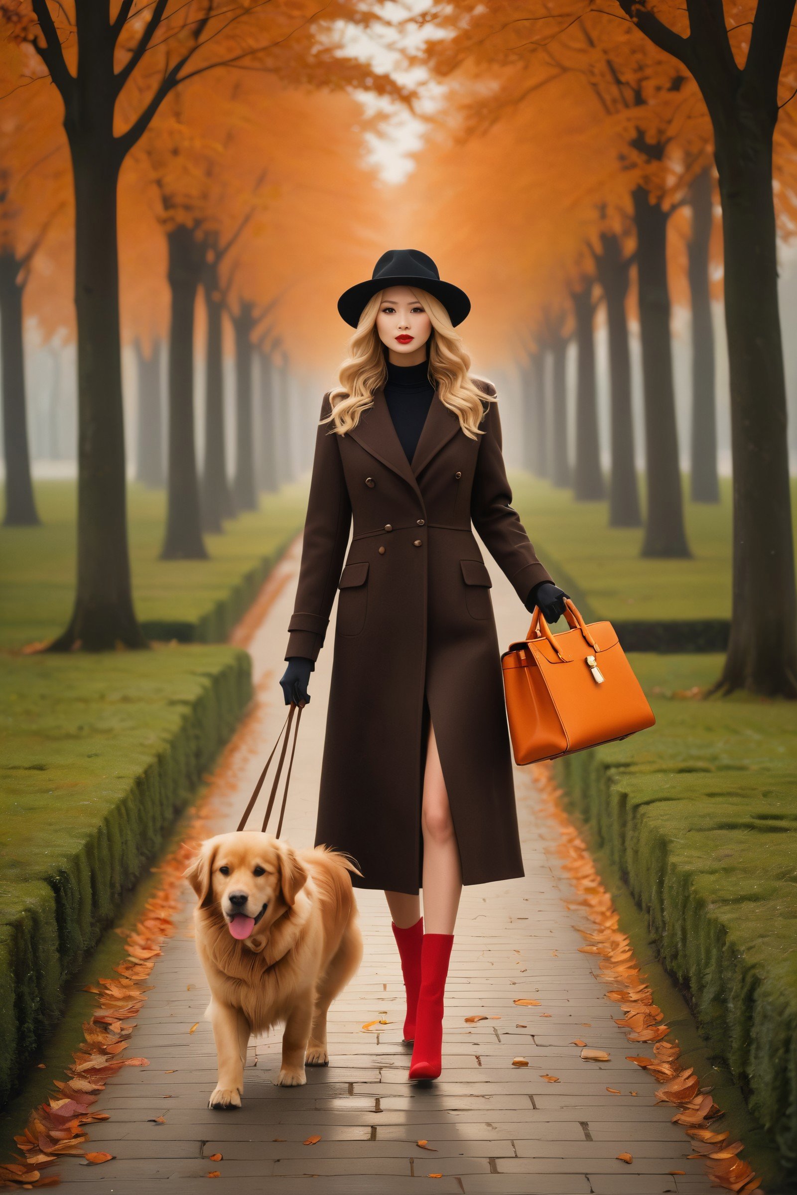 A golden retrievers wearing Dark brown wool coat, walking on the Champs - É lys é es, The Red High Heels,carrying an LV bag, paired with a Mermaid, qiu shengxian, argus c3, hats, Joel robison,personality, shot from an oversized view, Introduction, Fun, Dramatic lighting, Orange, Coffee color, dark coffee color