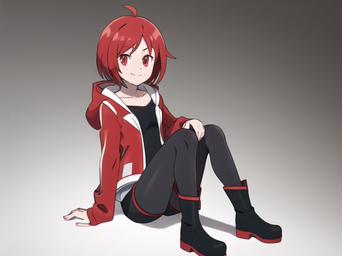 <lora:asatsukifgfff-08:0.8> 1girl, solo, looking at viewer, smile, short hair, bangs, simple background, red eyes, long sleeves, sitting, closed mouth, collarbone, jacket, full body, pantyhose, red hair, boots, shorts, hood, grey background, black footwear, gradient, legwear under shorts, cowlick, pantyhose under shorts, gradient legwear