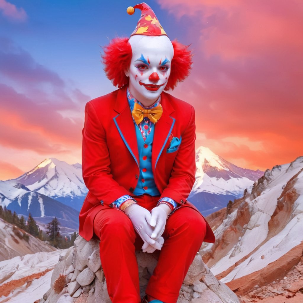 aw0k euphoricred style, clown sitting on a mountain fouji, sad expression, <lora:redstyle-000009:0.8>