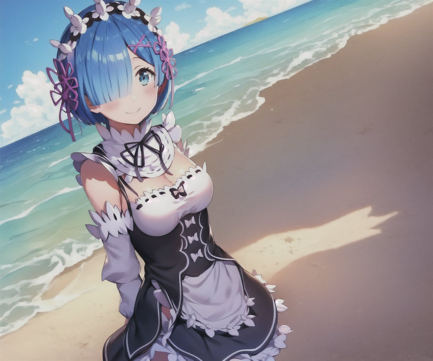 ((masterpiece), best quality, perfect anatomy,rem \(re:zero\),rem,maid,blue hair,1girl,solo,smile,, ,,,<lora:rem:0.8>,,,arms_behind_back,beach,waving,