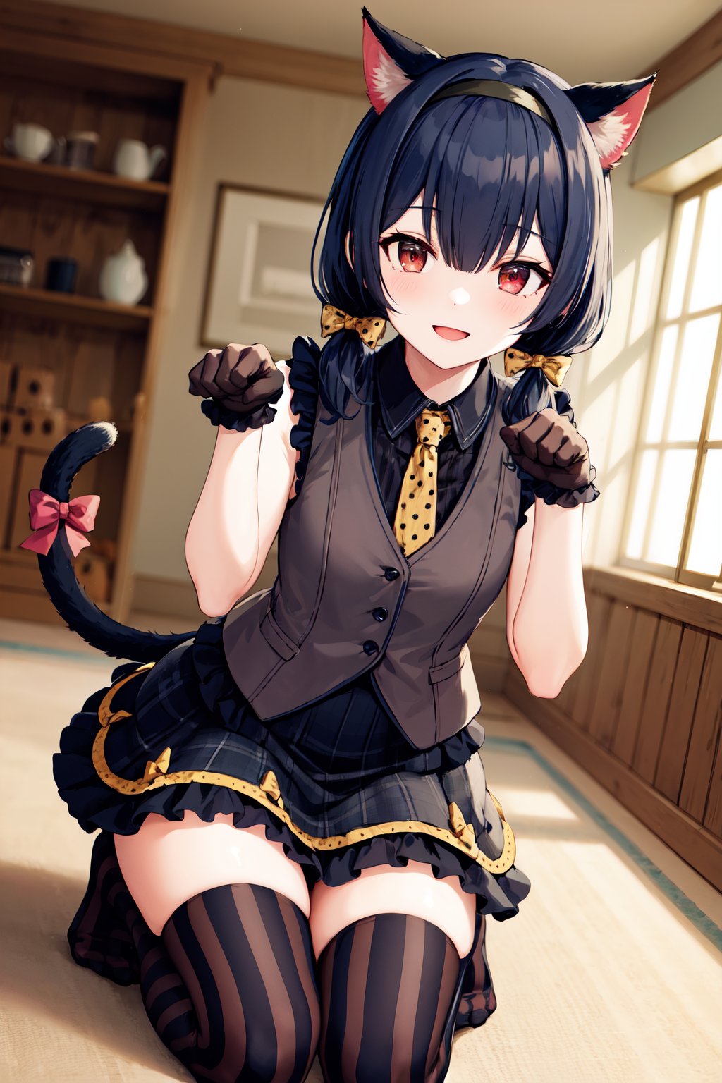 masterpiece, best quality, highres, hhrinze, low twintails, hair bow, hairband, animal ears, cat tail, tail ornament, tail bow, polka dot, vertical stripes, yellow necktie, brown vest, sleeveless, arm ribbon, brown gloves, layered skirt, vertical-striped skirt, black skirt, thighhighs, asymmetrical legwear, <lora:morino_rinze_v1:0.7>, indoors, paw pose, kneeling, smile, open mouth, 