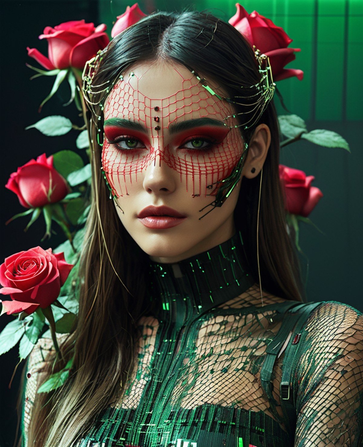 Hyperrealistic art half body photo of m4d1s0n a woman,with red and green makeup, datamoshing, behance favourite, neural networks, vhs static, cyberpunk cyborg. roses, torn mesh, glitch, glitched out, distorted image, looking at camera,    <lora:mads2020v276:.8> . Extremely high-resolution details, photographic, realism pushed to extreme, fine texture, incredibly lifelike