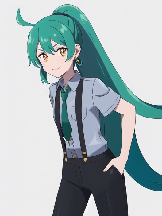 <lora:asatsukifgfff-08:0.8> 1girl, solo, long hair, looking at viewer, smile, bangs, simple background, shirt, jewelry, very long hair, closed mouth, ponytail, ahoge, earrings, green hair, necktie, collared shirt, pants, orange eyes, buttons, blue background, black pants, suspenders, bright pupils, black necktie, grey shirt, white pupils, hands in pockets, reverse trap