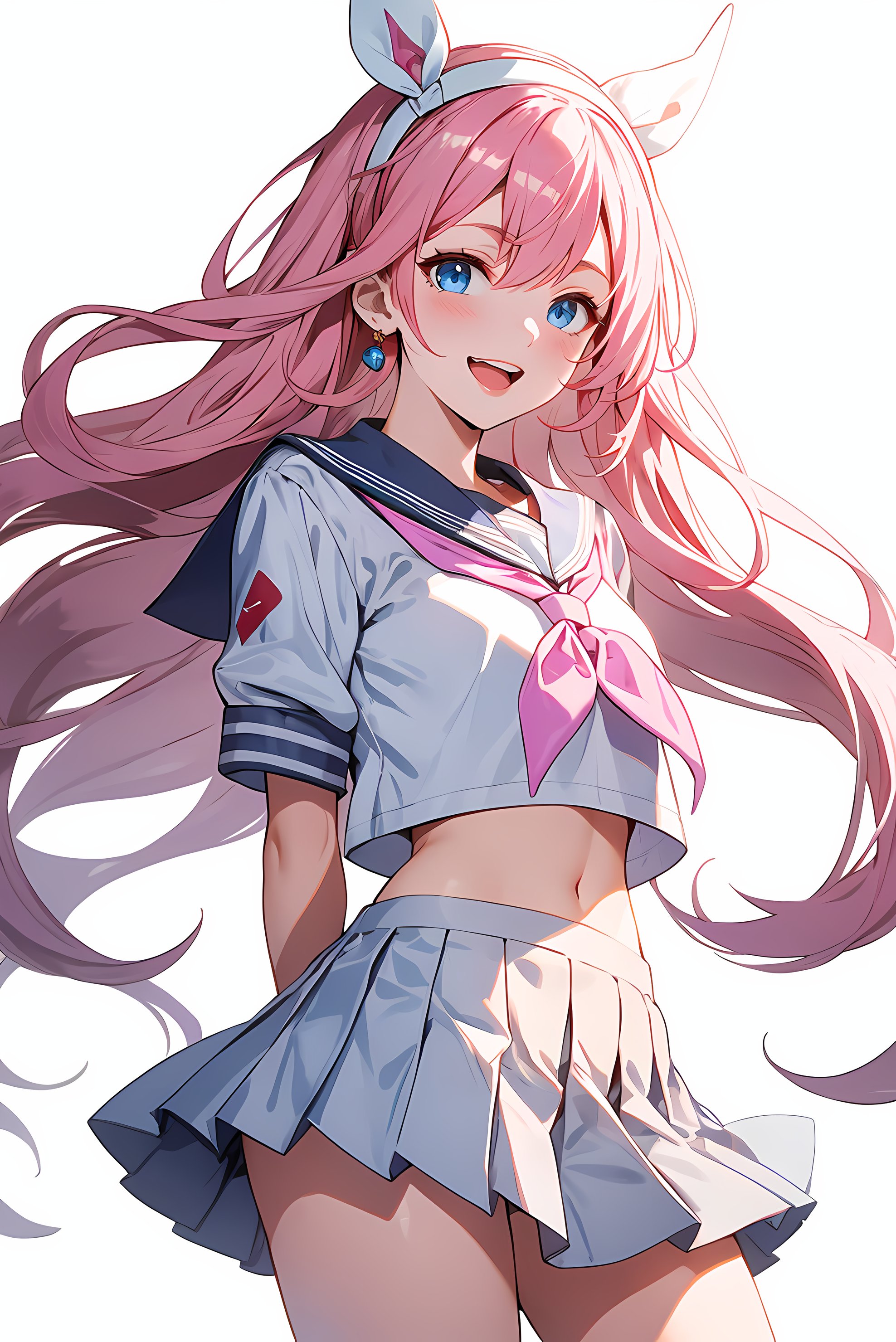 1girl,smile,honkai impact 3rd,hoyun,white serafuku,white shirt,stomach,elysia (honkai impact),skirt,white skirt,simple background,purple neckerchief,arms behind back,highres,midriff,1girl, d,cowboy shot,looking at viewer,honkai (series),solo,white hairband,neckerchief,puffy sleeves,shirt,white background,miniskirt,short sleeves,crop top,puffy short sleeves,pleated skirt,navel,commentary request,long hair,very long hair,hairband,school uniform,serafuku,standing,open mouth,blue eyes,pink hair,