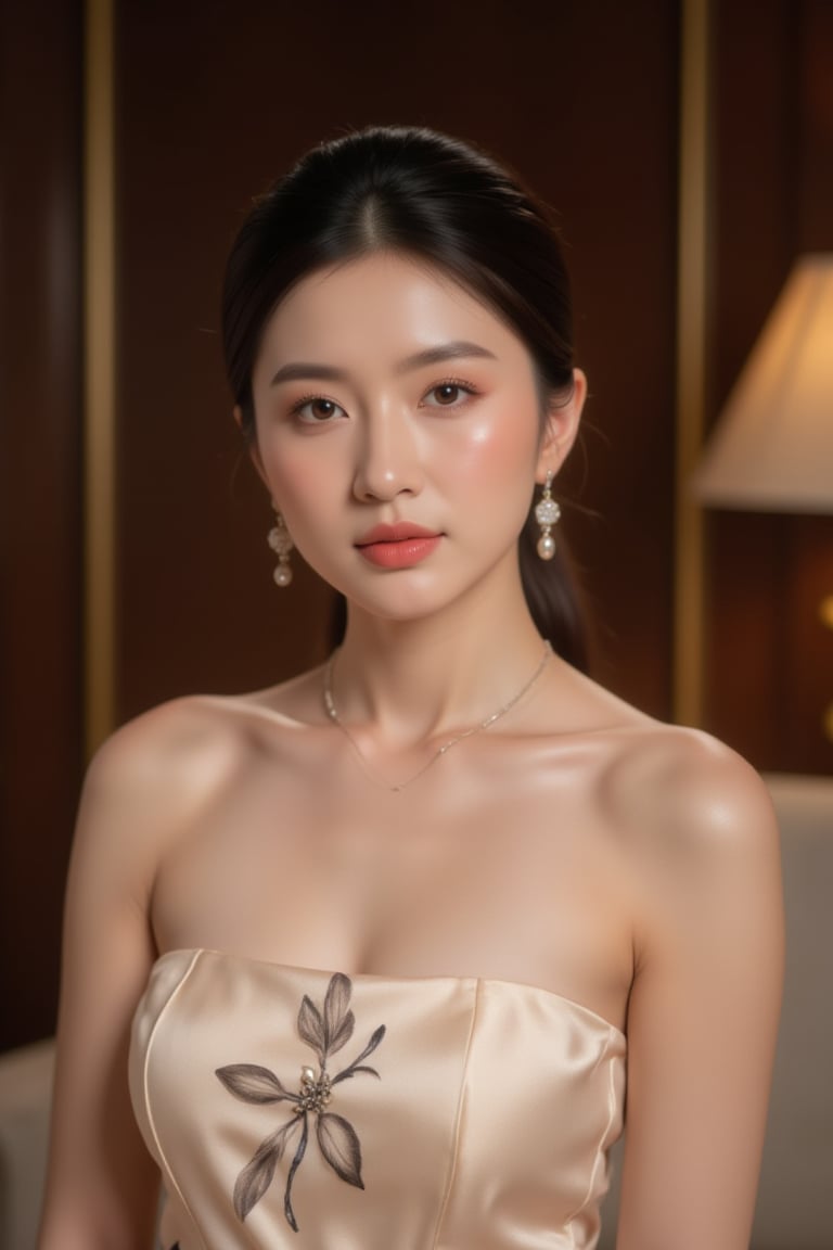 Enhanced Quality, Marriott Luxury, creating a UHD portrait of an elegant South Korean businesswoman posing in her lavish office with warm, golden lighting, refined details, and subtle textures, wearing a bespoke, champagne-colored dress with intricate embroidery, her raven hair styled in sleek, polished waves, and a subtle, enigmatic smile, set against a backdrop of rich, dark wood paneling and sleek, silver accents.