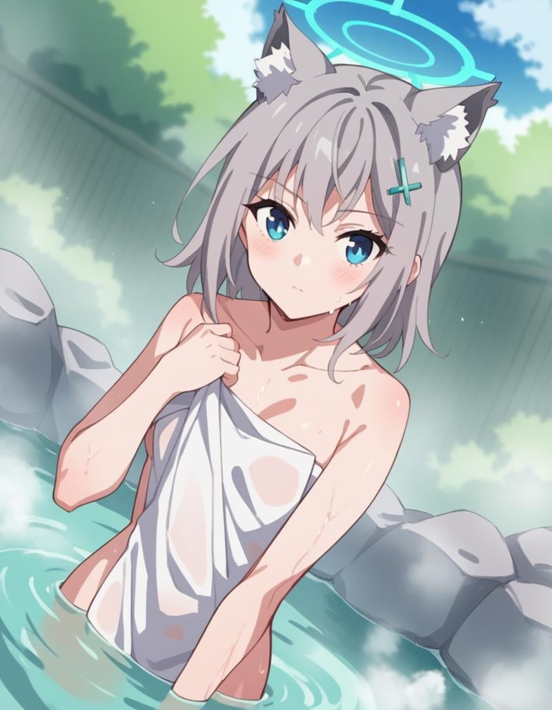 score_9, score_8_up, score_7_up, source_anime, <lora:shiro-sunaookami-s1-ponyxl-lora-nochekaiser:1>, shiroko sunaookami, animal ears, blue eyes, grey hair, hair ornament, hairpin, halo, medium hair, wolf ears,, nude, naked, outdoors, onsen, towel, naked towel, steam, bathing, nude cover, partially submerged, water, bath, steam censor, wet towel, blush, looking at viewer, solo, cowboy shot, dutch angle