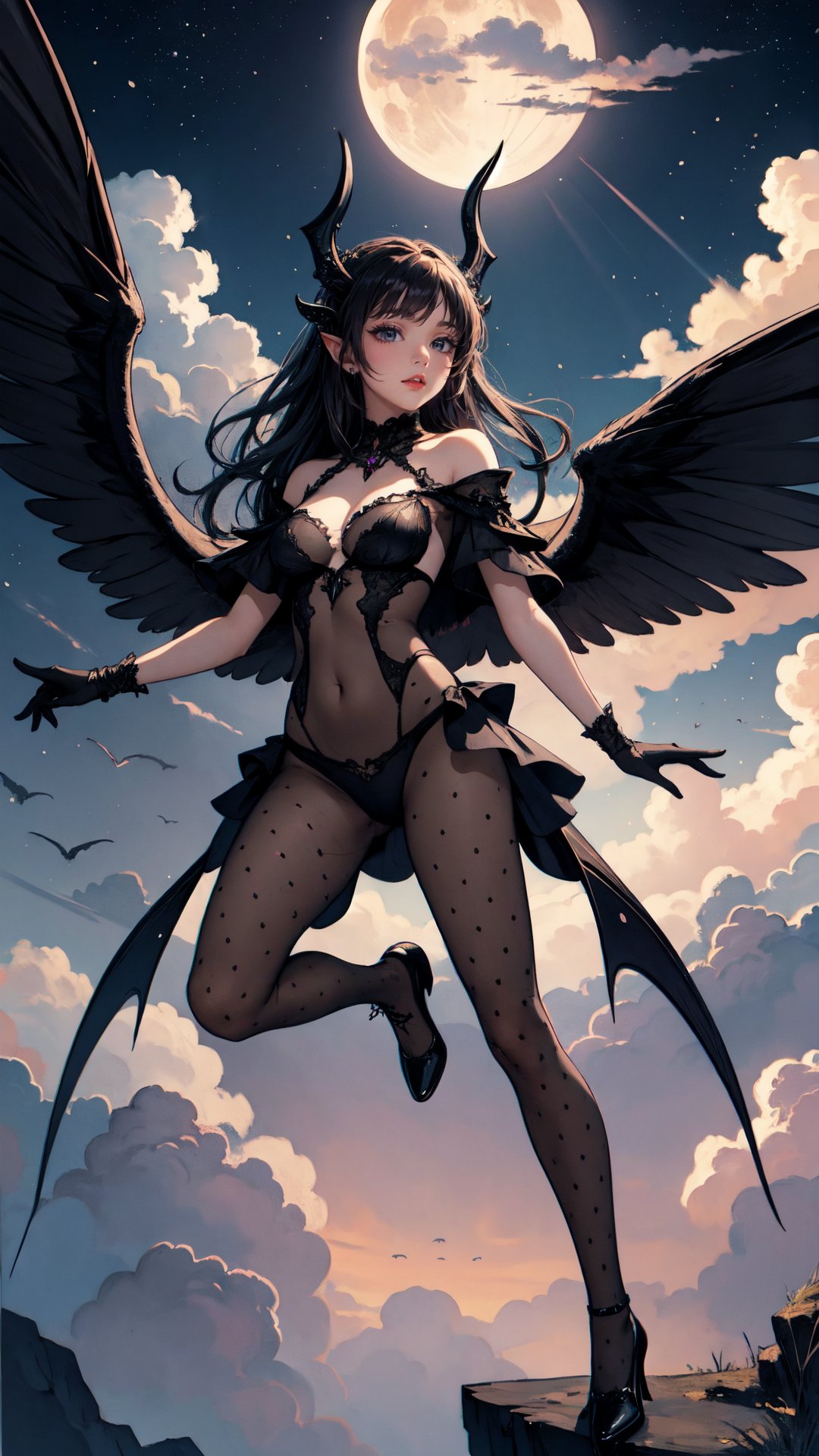 <lora:merged_0022:0.8>,(tutututu),pantyhose,((black footwear)),standing,BREAK((best quality)),((masterpiece)),(detailed),alluring succubus,ethereal beauty,perched on a cloud,(fantasy illustration:1.3),enchanting gaze,captivating pose,delicate wings,otherworldly charm,mystical sky,(Luis Royo:1.2),(Yoshitaka Amano:1.1),moonlit night,soft colors,(detailed cloudscape:1.3),(high-resolution:1.2),