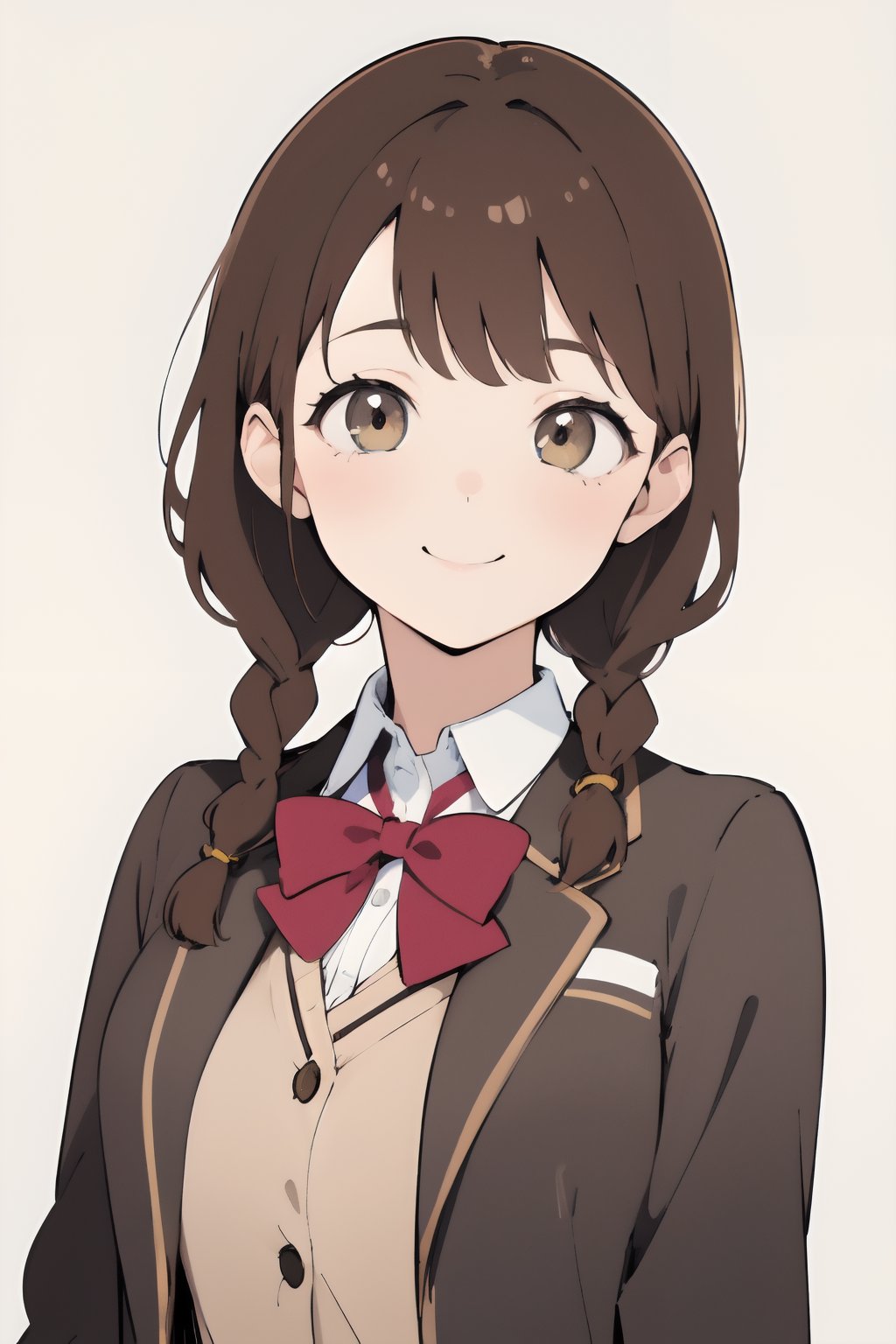 (finely best quality illustration:1.2), (kawaii girl:1.1), (1girl, solo:1.0), (brown hair, twin braids:1.0), (school uniform, brown blazer:1.0), (smile:0.9), (upper body:1.0), (ultra-detailed, highres:1.0),