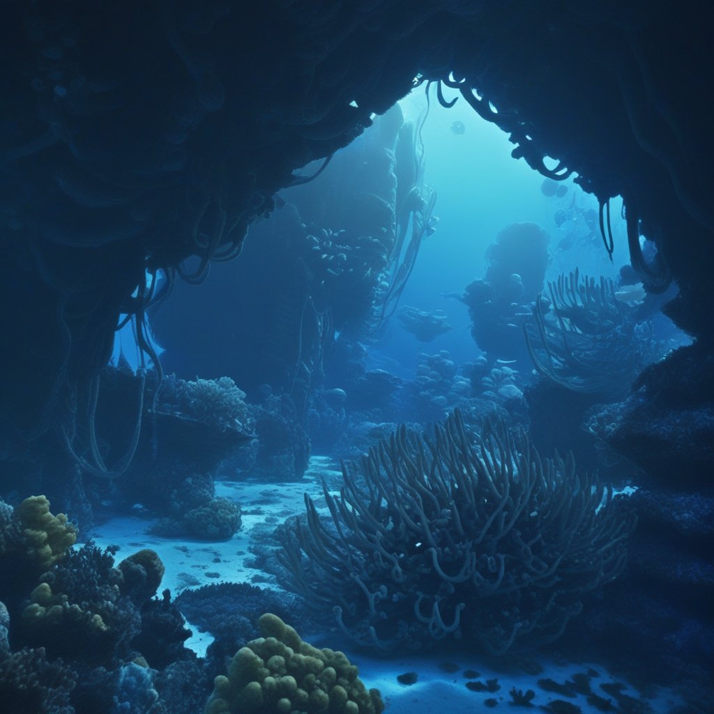 Background concept for the movie “Avatar”, reef, underwater landscape, coral, alien planet, beautiful landscape, alien plants