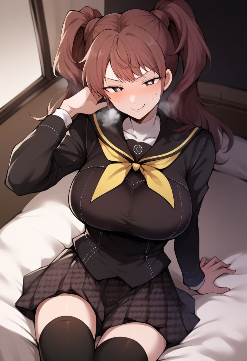 score_9, score_8_up, score_8, score_9_up, dynamic sexy pose, dynamic angle,1girl, young woman,slim, petite, short,massive breasts,bedroom, breath, blush, smirk, half closed eyes,Heart shaped pupils, kujikawadef, twintails, yasogami school uniform, black serafuku, yellow neckerchief, long black sleeves, black skirt, houndstooth, black thighhighs,terasu_mc, style,