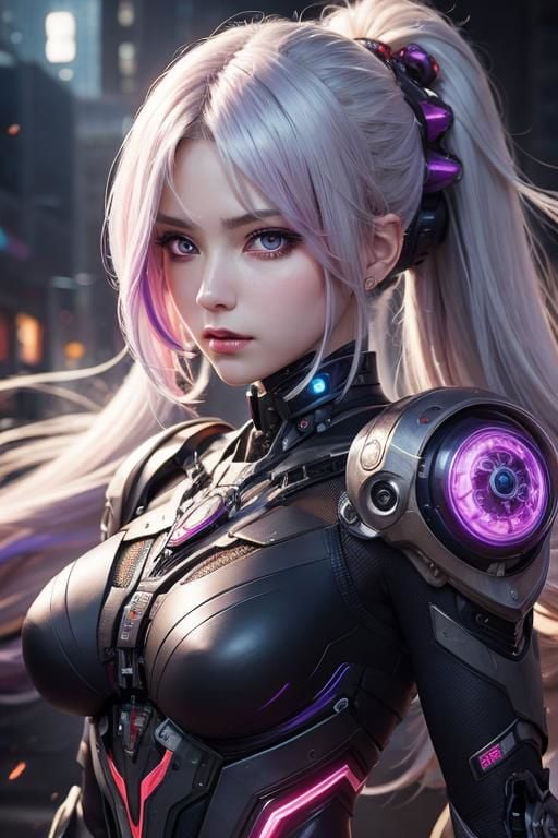 masterpiece, best quality, illustration, beautiful detailed eyes, colorful background, mechanical prosthesis, mecha coverage, emerging dark purple across with white hair, pig tails, disheveled hair, fluorescent purple, cool movement, rose red eyes, beatiful detailed cyberpunk city, multicolored hair, beautiful detailed glow, 1 girl, expressionless, cold expression, insanity, long bangs, long hair, lace, dynamic composition, motion, ultra - detailed, incredibly detailed, a lot of details, amazing fine details and brush strokes, smooth, hd semirealistic anime cg concept art digital painting, cyborg style,