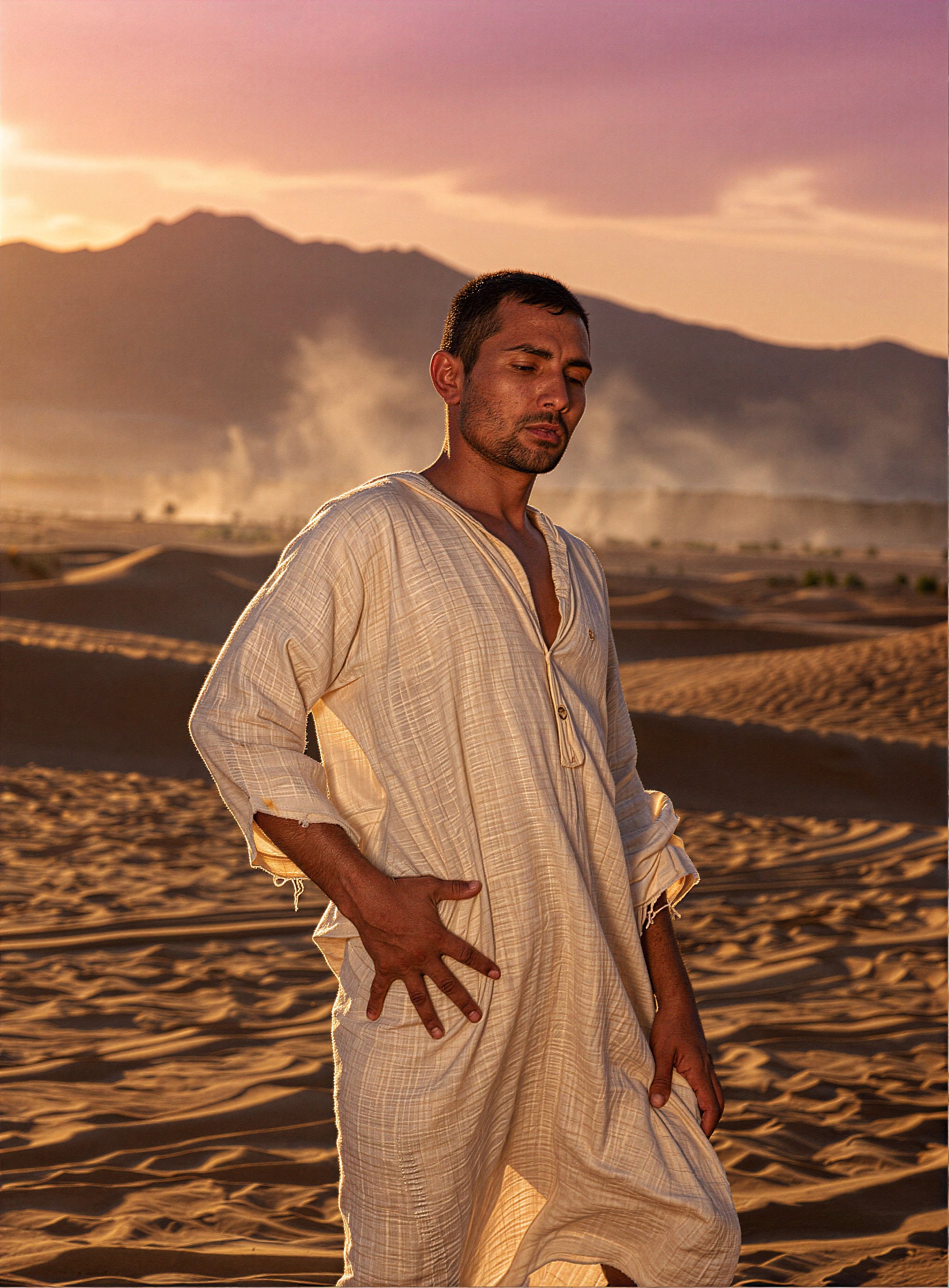 A middle-aged adult man,  his skin a warm,  sand-dusted bronze by psychologicau on Tensor.Art