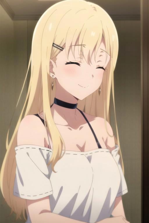 (masterpiece),ayase saki, blonde hair, long hair, purple eyes, 1girl, jewelry, solo, closed eyes, earrings, hair ornament, choker, smile, indoors, hairclip, black choker, anime coloring