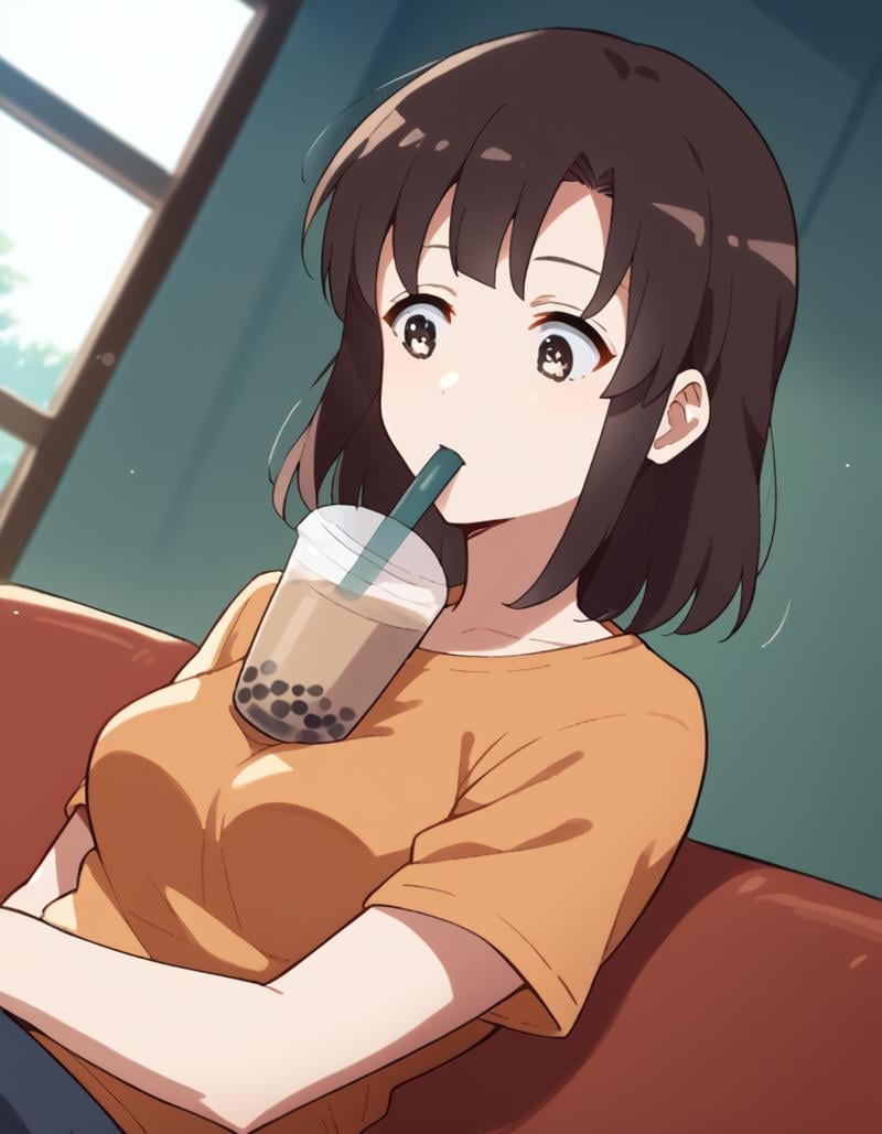 score_9, score_8_up, score_7_up, source_anime, <lora:megumi-katou-s2-ponyxl-lora-nochekaiser:1>, megumi katou, brown hair, brown eyes, medium breasts,, <lora:bubble-tea-challenge-ponyxl-lora-nochekaiser:1>, bubble tea challenge, bubble tea, object on breast, drinking straw, drinking straw in mouth, drinking, cup,, indoors, sitting, looking down, , cowboy shot, dutch angle