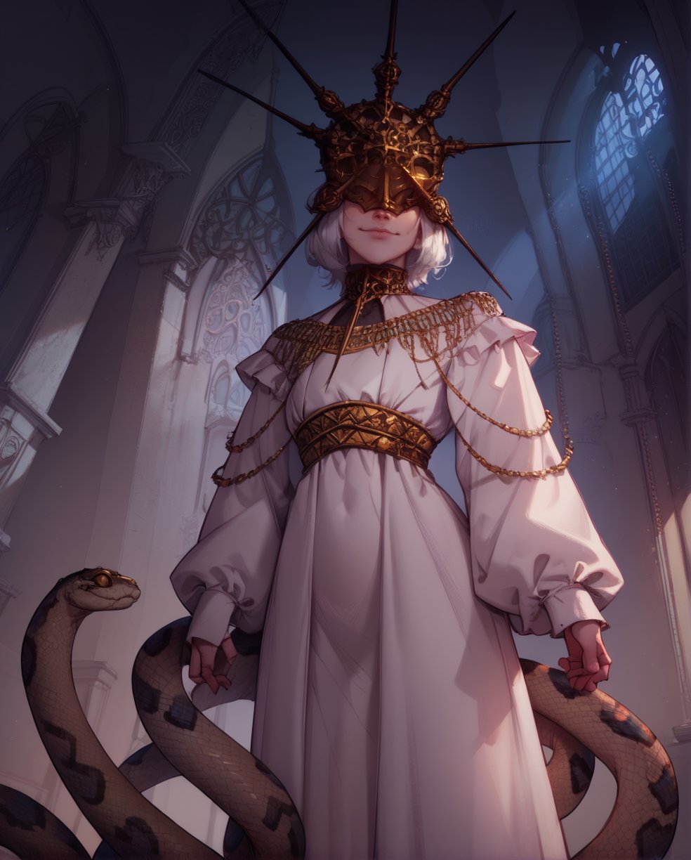 score_9,score_8_up,score_7_up,score_6_up,Gwyndolin,white hair,flat chest,gold mask,covered eyes,gold jewelry,white dress,long sleeves,light smile,cathedral,moonlight,night,standing,from below,snake legs,<lora:Gwyndolin:1>,