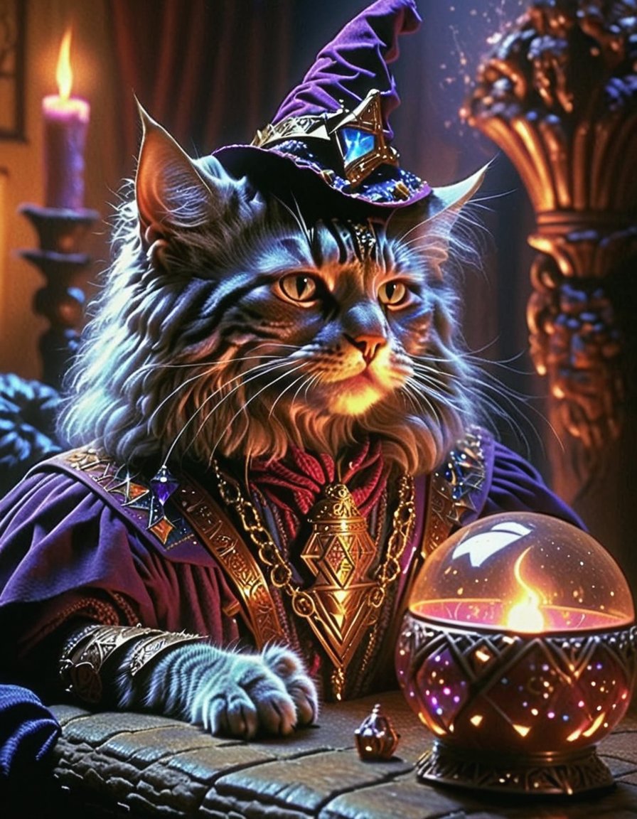 cinematic still 80sdarkfantasylora,  1cat,  wizard . emotional by Bloody669 on Tensor.Art