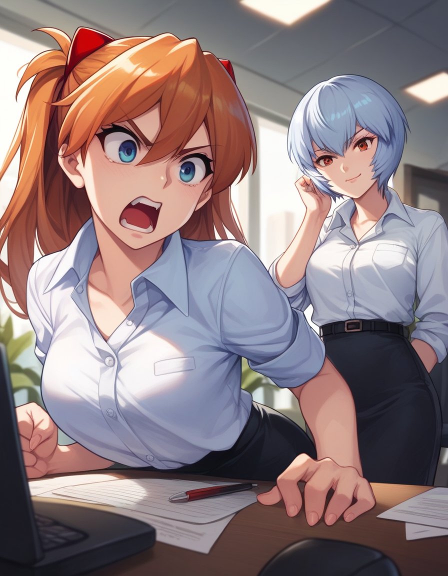 score_9, score_8_up, score_7_up, score_6_up, score_5_up, score_4_up, source_anime,2girls, arguing, office, office lady BREAK souryuu asuka langley, shouting, angry BREAK ayanami rei, smirk