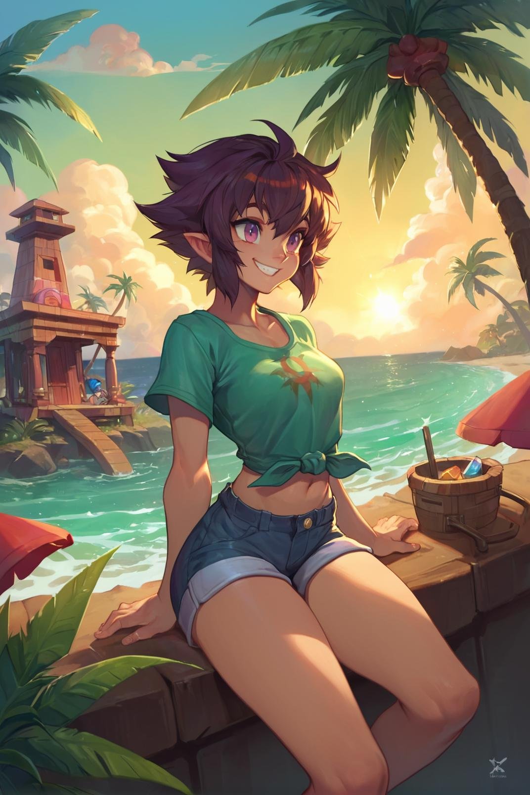 (zPDXL), 1girl, 1boy, sitting on a tropical beach, smiling, wearing shirt and shorts, morning sunlight, tiki hut, palm trees, cloudy sky