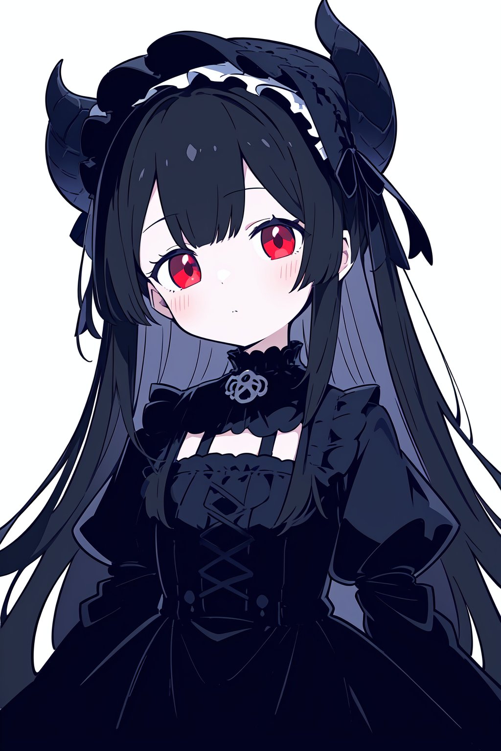 1girl,abyssal_ship,black_hair,bonnet,dated,dress,frills,glowing,gothic_lolita,horns,isolated_island_oni,lolita_fashion,long_hair,looking_at_viewer,red_eyes,simple_background,solo,twitter_username,very_long_hair,