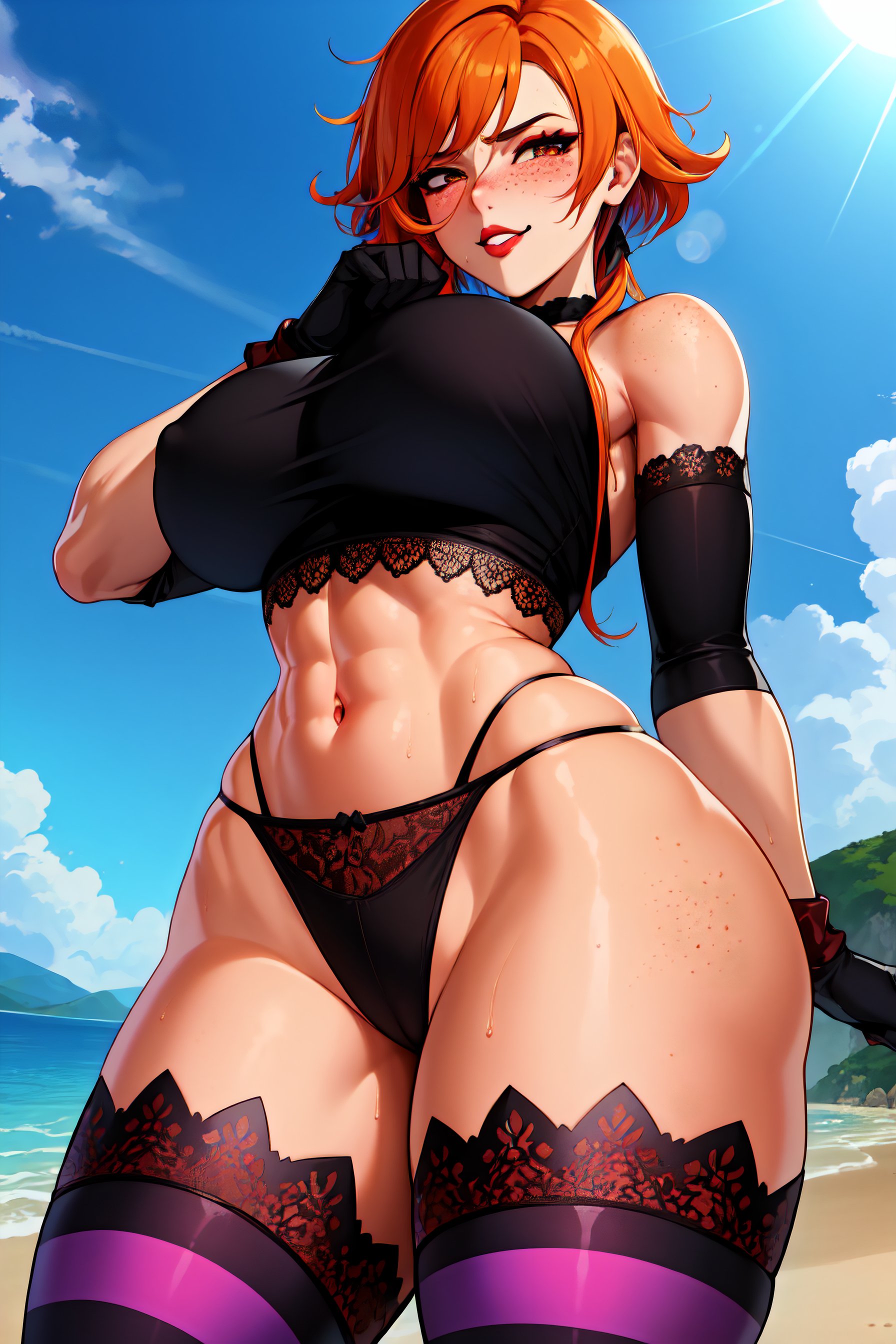 (masterpiece, best quality:1.2), extremely detailed, detailed hair, intricate details, finely detailed, [[soft lighting, volumetric lighting]], 1girl, (solo), looking at viewer, mature female, (from below:1.2), hand on own face, standing , muscular, muscular female, , thick thighs, huge breasts, (lace, lace trim, lace-trimmed legwear, lace-trimmed sleeves, ribbon, crop top, striped thighhighs, gloves), , , (single hair intake, , quin tails, orange hair ,multicolored hair), smug , sweat, blush ,freckles, , lipstick, makeup, (black lips), with a mountain range in the background, serene beach with crashing waves , <lora:shadV6.1LOL:1>