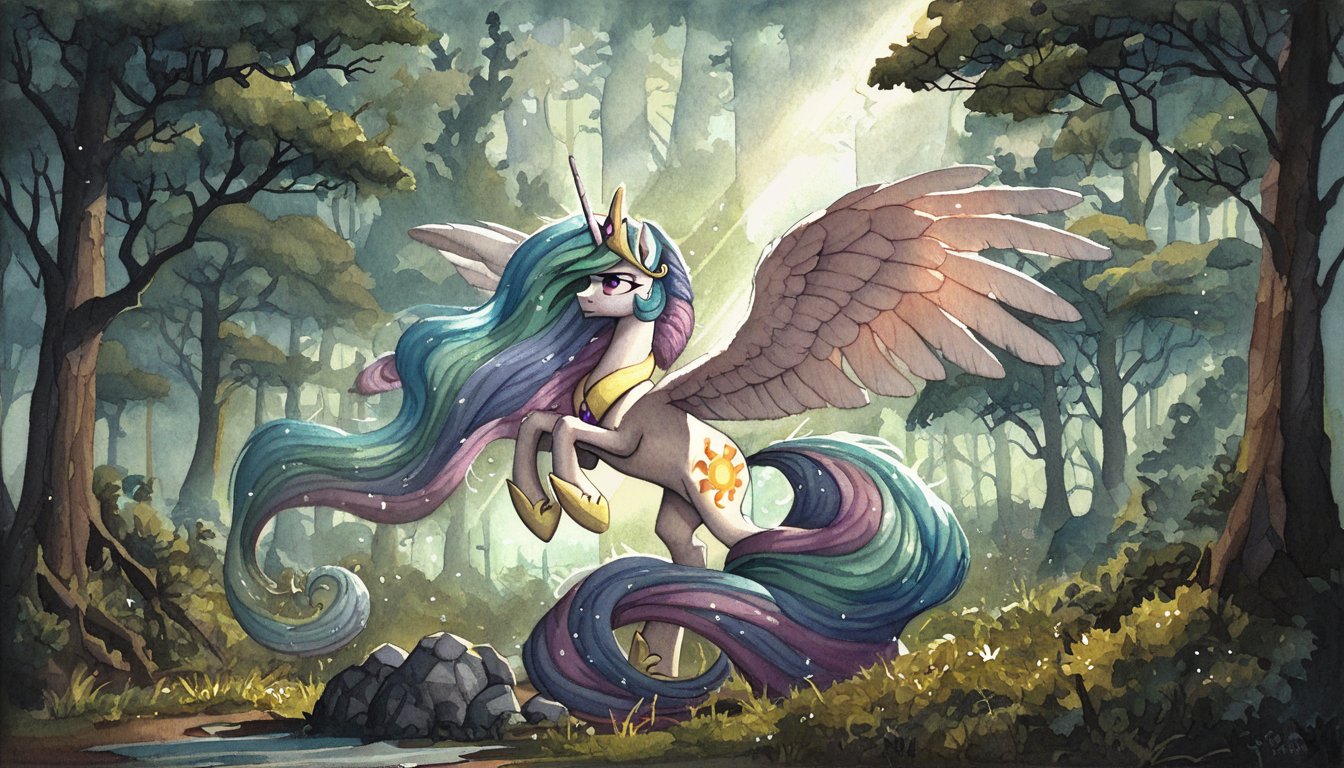 score_9, score_8_up, score_7_up, score_6_up, score_5_up, score_4_up, rating_safe, princess celestia, alicorn, female, pony, solo, boulder, crepuscular rays, dust, forest, g4, missing accessory, rearing, scenery, tree, looking up, dead tree, spread wings, watercolor painting, traditional art, detailed, beautiful, <lora:MLP_Watercolor_Painting_v1-000006:1>