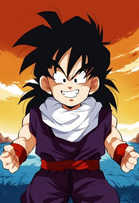 score_7_up,rating_safe, ((Solo:1.0)),(Longhair:1.0), A Son Gohan Kid in desert,smile