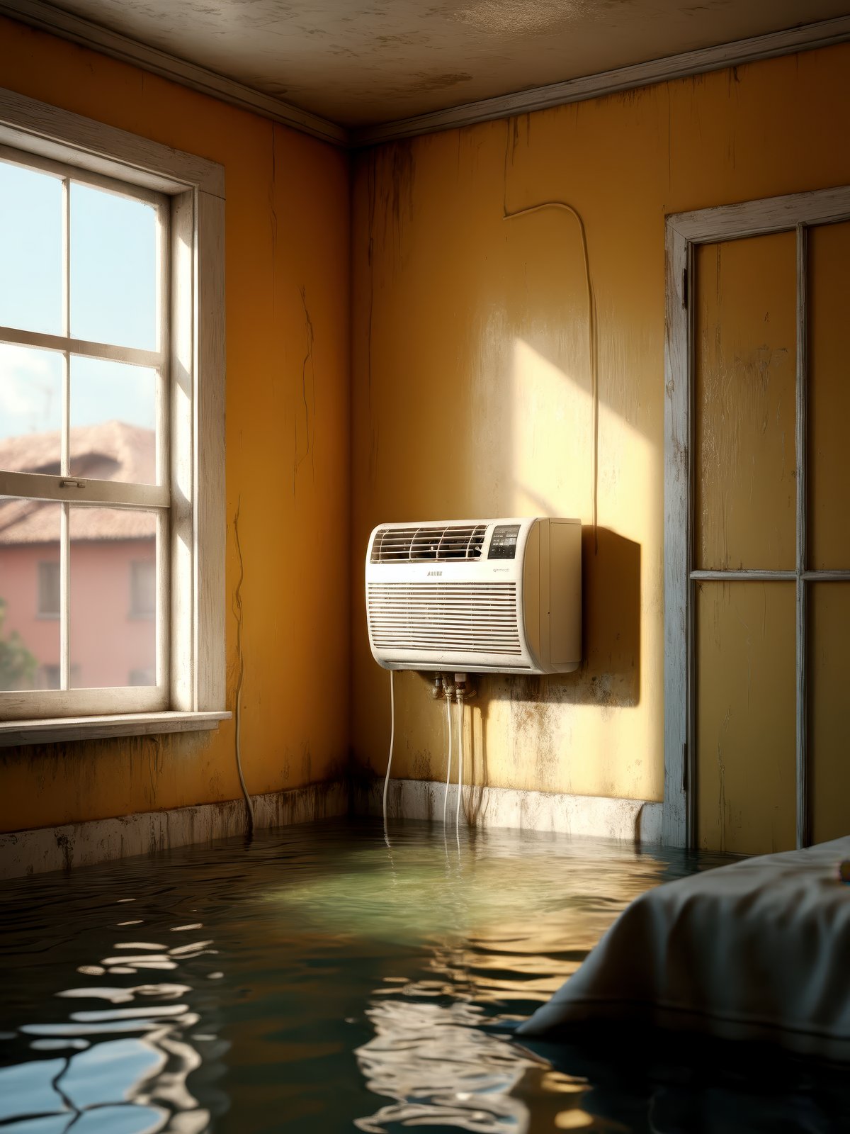 an air conditioner above a window in a adult's room flooding dirty water, blurred, faded, depth of field, sunny, ultra realistic, very detailed, by nadav kander, 8 k hyper realistic detailed cinematic still