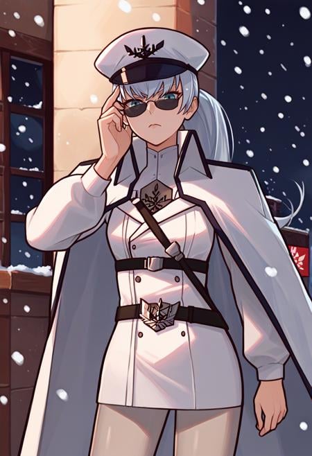 score_9, score_8_up, score_7_up, source_anime, solo, 1girl, weissqueen, serious, looking at viewer, adjusting eyewear, ponytail, peaked cap, sunglasses, military uniform, white cape, white coat, long sleeves, grey pantyhose, snowing, outdoors <lora:rwby_weissschnee_ponyXL:1>