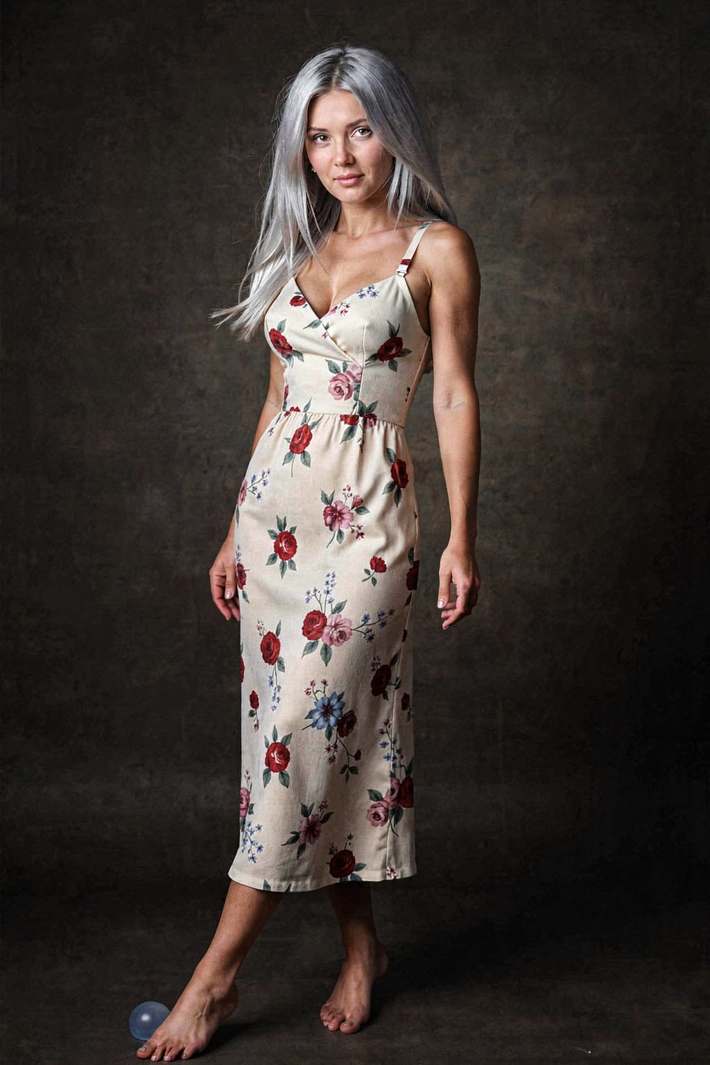 portrait of woman at dark gradient background Floral midi dress Pretending to have stepped in bubble gum,  lanky,  blowout...