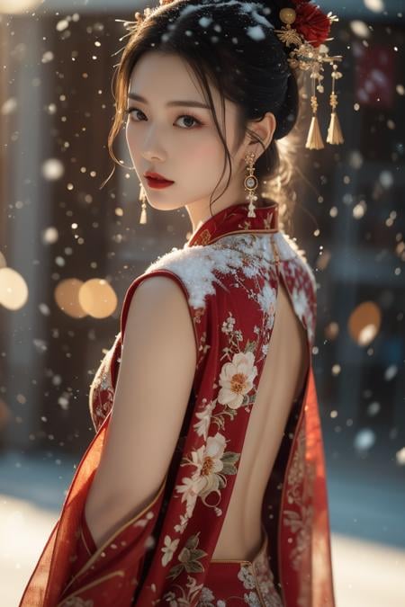 Warm Snow, 1girl, solo, hair ornament, black hair, jewelry, earrings, looking at viewer, blurry, snow, snowing, red lips, chinese clothes, looking back, upper body, flower, blurry background, makeup, black eyes, lipstick, hair stick, realistic, floral print, lips, closed mouth,best quality,masterpiece,illustration,an extremely delicate and beautiful,CG,unity,8k wallpaper,Amazing,finely detail,masterpiece,official art,extremely detailed CG unity 8k wallpaper,incredibly absurdres,huge filesize,ultra-detailed,highres,extremely detailed,beautiful detailed girl,realistic,<lora:Warm Snow_20240127032610:0.8>,