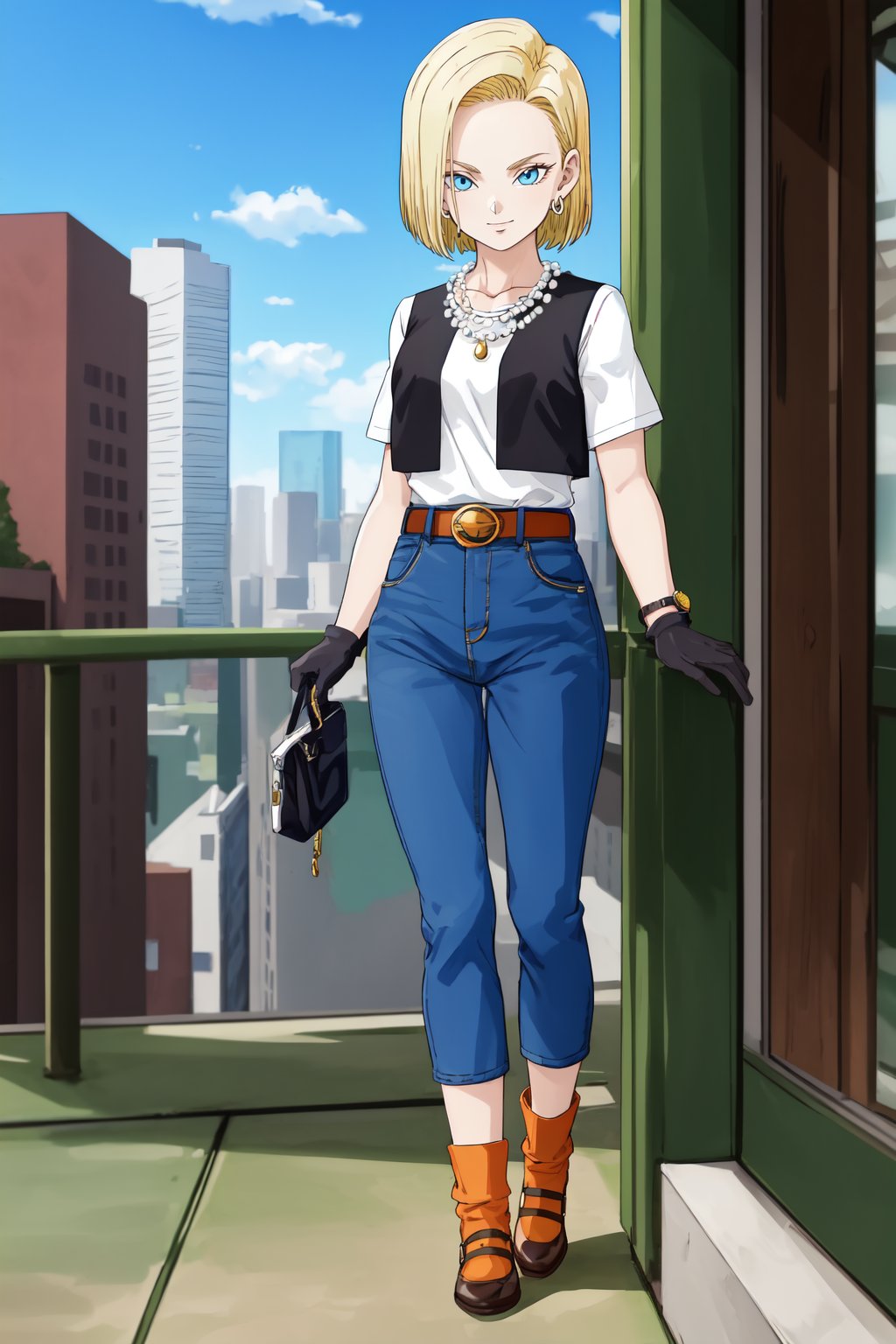 masterpiece, detailed face, android 18, 1girl, solo, looking at viewer, smile, short hair, blue eyes, blonde hair, city, retro artstyle, cityscape, skyscraper, shirt, gloves, jewelry, standing, collarbone, full body, white shirt, earrings, black gloves, belt, pants, necklace, denim, watch, orange socks, open black vest <lora:4ndro1d_18-000008:0.8>