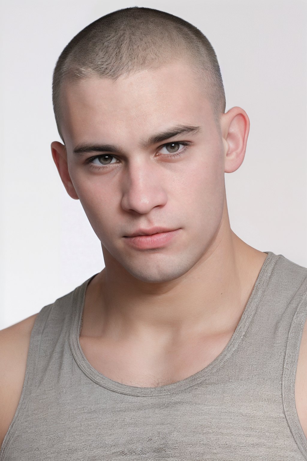 portrait photo,  male jamieperson wearing grey tank top shirt,  buzz cut by razputin on Tensor.Art