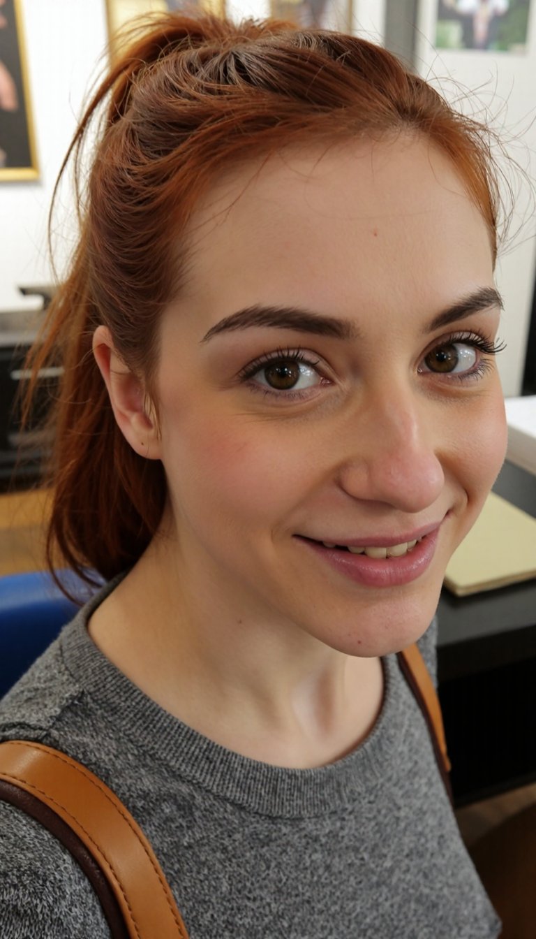 A professional realistic photo of a woman The woman has upward brushed eyebrows,  Wide rectangle face, by user_79980865981...
