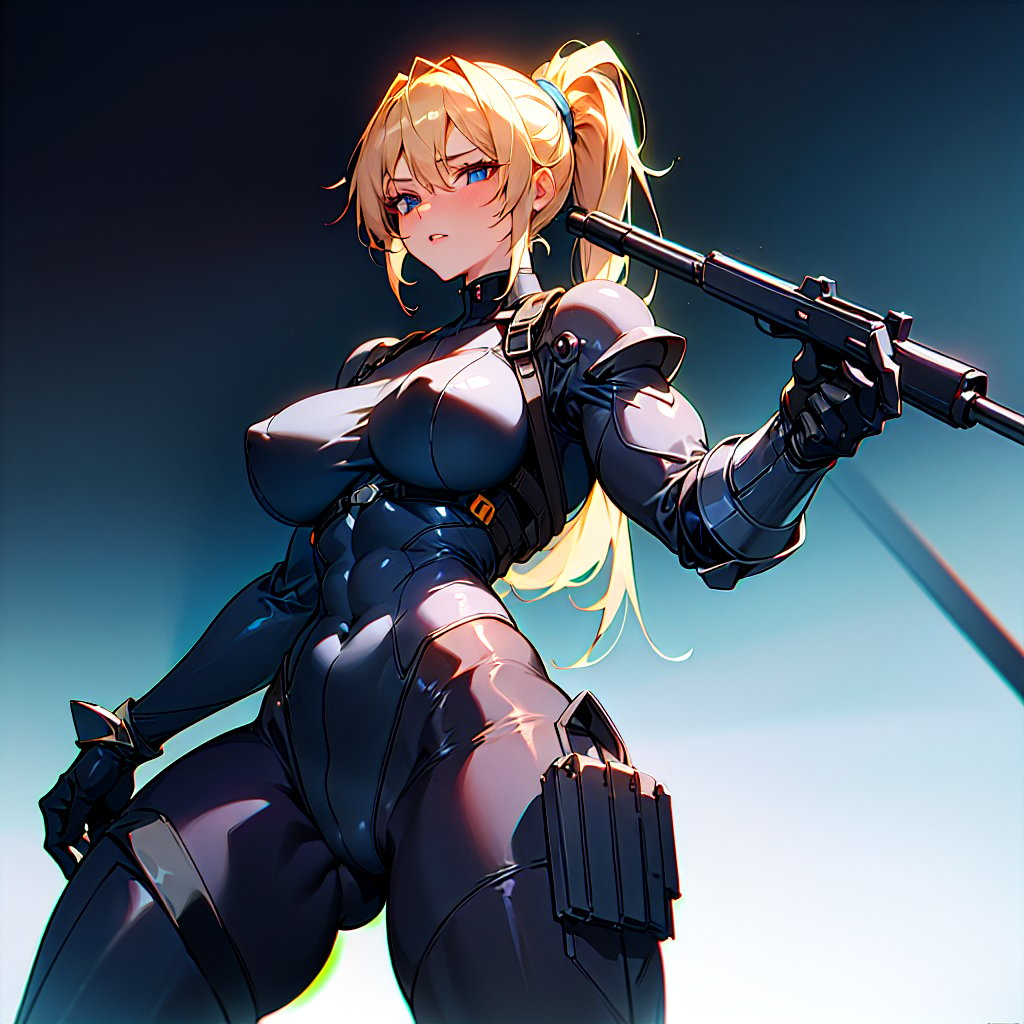 <lora:LateX:1> 1girl mature_female large_breasts abs armor armored_bodysuit black_bodysuit blonde_hair blue_eyes bodysuit breasts from_side gloves gun lips low_ponytail muscular thick_thighs muscular_female ponytail rifle scope solo toned weapon