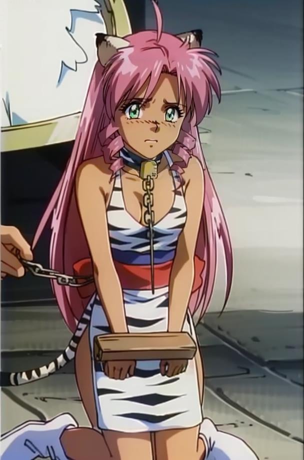 1girl, 90's anime style, PinkCzar, ((white tiger ears), (white tiger tail), long hair, pink hair, sidelocks, green eyes, small breasts), (tiger print, slit dress, red sash), (full body, outdoors, kneeling, chains, stocks, chain collar, chain leash, subtitled, english text, worried), (masterpiece:1.2), hires, (detailed face:1.2), (detailed eyes:1.2), ultra-high resolution, 8K, high quality, (sharp focus:1.2), clean, crisp, cinematic, <lora:Pink-18:0.75>, <lora:SlaveWithStocksV1:1>