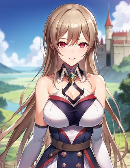 score_9, score_8_up, score_7_up, source_anime,cinematic, dramatic, blurry background, depth of field, 1girl, solo, standing, joyful, smile, parted lips, dynamic pose, outdoors, fantasy, landscape, castle,  nature, <lora:FurenELustario_pony_v1:0.9>frnel, very long hair, bangs, brown hair, red eyes, hair between eyes, large breasts, 1st costume, dress, short dress, detached collar, bare shoulders, detached sleeves,  cleavage, collarbone,  bridal gauntlets, black thighhighs, zettai ryouiki, garter straps, waist cape,