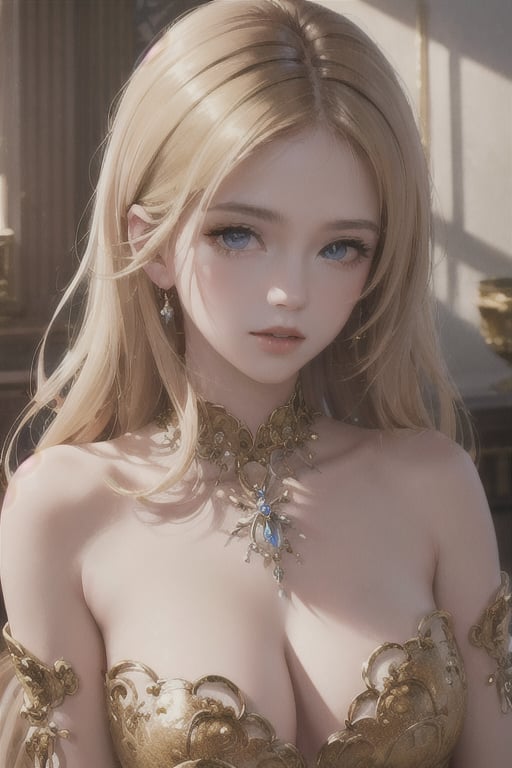 (((masterpiece))),((extremely detailed CG unity 8k wallpaper)),best quality,high resolution illustration,Amazing,highres,intricate detail,(best illumination, best shadow, an extremely delicate and beautiful),Rococo style,bare shoulders,strapless dress,sunbeam,sunlight,