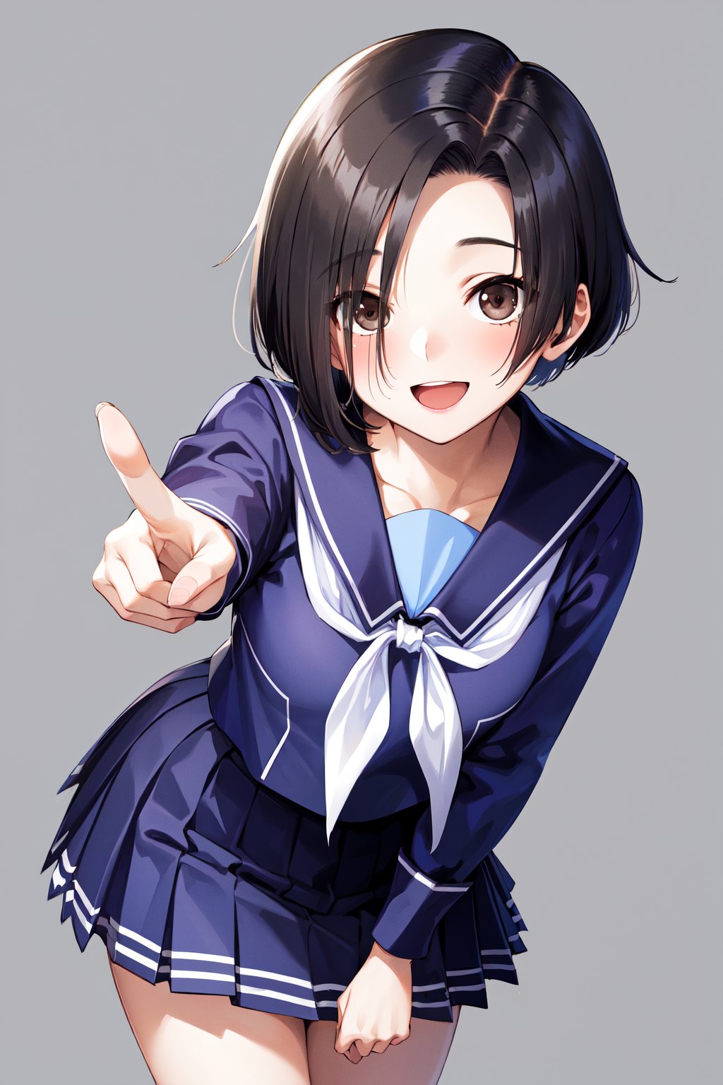 masterpiece, best quality, highres, aarinko, short hair, black hair, bob cut, serafuku, blue shirt, long sleeves, sailor collar, white neckerchief, pleated skirt, blue skirt, <lora:kobayakawa_rinko_v1:0.7>, pointing, smile, open mouth, bent over,