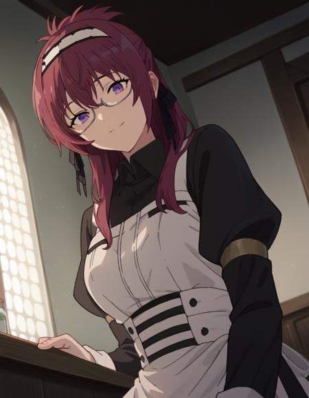 score_9, score_8_up, score_7_up, source_anime,lilyagreyrat, <lora:lilya-greyrat-s1-ponyxl-lora-nochekaiser:1>,lilya greyrat, purple eyes, red hair, glasses,long sleeves, dress, pantyhose, apron, maid, maid headdress, maid apron,indoors, smile,looking at viewer, dutch angle, cowboy shot,