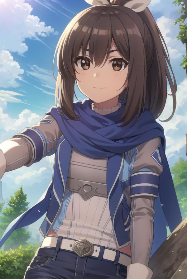 bofurisally, <lora:bofuri sally s2-lora-nochekaiser:1>, sally, long hair, brown hair, (brown eyes:1.5), ribbon, hair ribbon, ponytail, smile,BREAK gloves, shorts, scarf, blue scarf, shirt, white shirt, puffy sleeves, long sleeves, belt, denim shorts,BREAK outdoors, nature, forest, sun, sky, clouds, trees, grass,BREAK looking at viewer,BREAK <lyco:GoodHands-beta2:1>, (masterpiece:1.2), best quality, high resolution, unity 8k wallpaper, (illustration:0.8), (beautiful detailed eyes:1.6), extremely detailed face, perfect lighting, extremely detailed CG, (perfect hands, perfect anatomy),