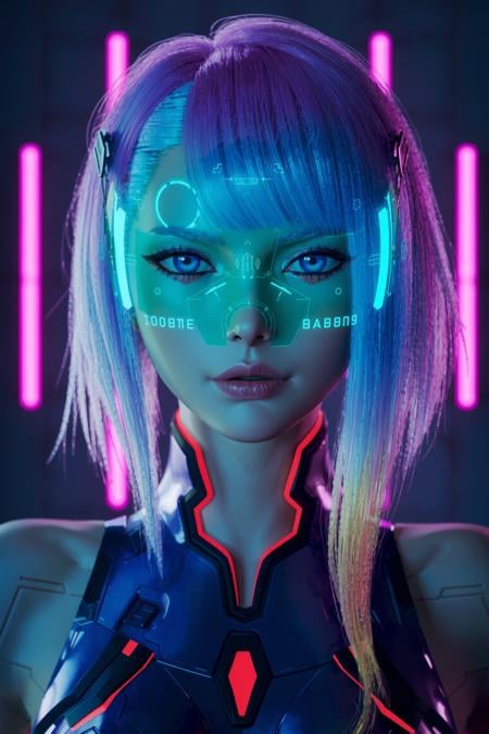 lucy, <lora:Cyberpunk-Edgerunners-lucy (2):1>, The image showcases a female figure with a futuristic appearance. She has a vibrant pink and blue hair,and her eyes are prominently displayed through a technologically advanced visor. The visor has a digital interface with various symbols and numbers. She is wearing a high-tech,possibly armored,outfit with neon red and blue accents. The background consists of vertical pink and blue lights,suggesting an indoor setting,possibly a control room or a high-tech facility.