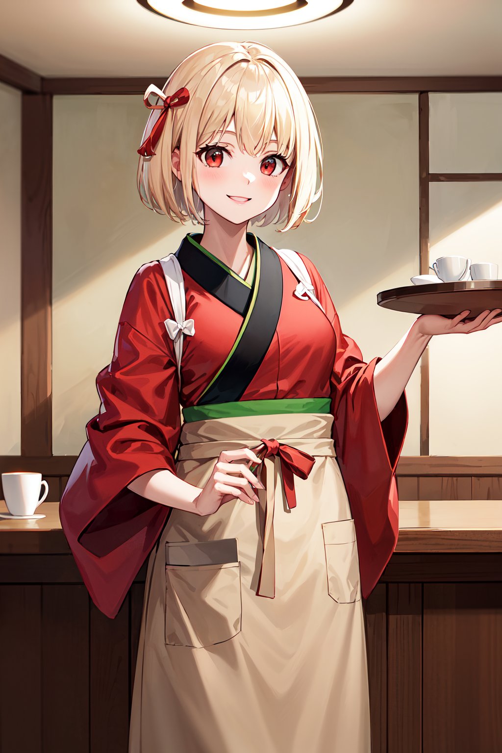 masterpiece, best quality, highres, aachisato, short hair, hair ribbon, japanese clothes, (red kimono:1.2), sash, (brown apron:1.2), <lora:nishikigi_chisato_v1:0.7>, indoors, cafe, holding tray, smile,