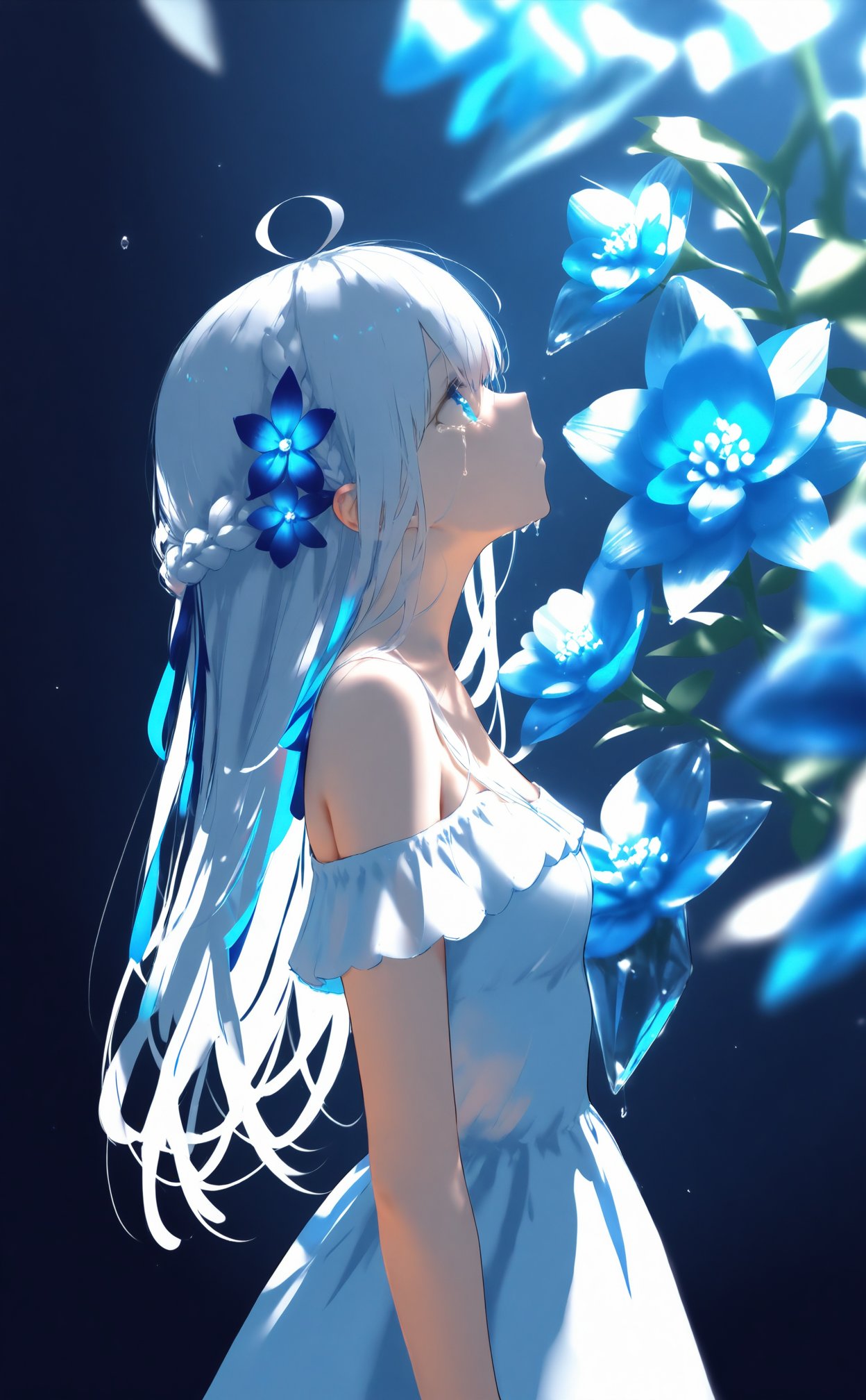 masterpiece,best quality,high quality,(colorful),nai3 Style,loli,1girl,flower,solo,dress,braid,looking up,blue flower,white dress,long hair,white hair,from side,blue eyes,bare shoulders,crying,blurry foreground,standing,blurry,sidelocks,crying with eyes open,blue theme,ahoge,tears,crystal,profile,depth of field,off shoulder,breasts,small breasts,off-shoulder dress,light,