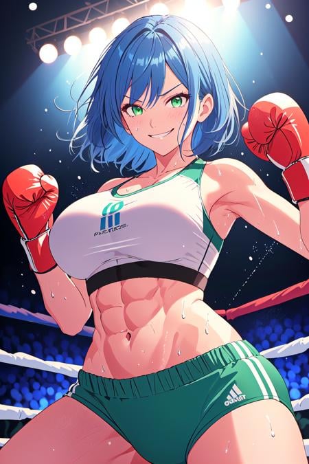 blue hair, green eyes, red boxing gloves, attack pose, smug, smirk, abs, sports bra, large breasts, from below, sweat, boxing ring backround, volumetric lighting, light particles